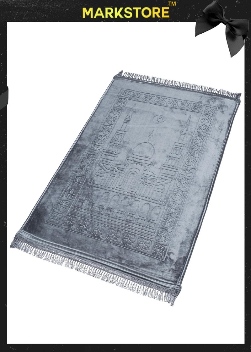 مارك ستور سجادة صلاة رمادية، سجادة صلاة علوية مخملية منقوشة فاخرة مضادة للانزلاق، جاي نماز، مصلى لنماز عبادات العمرة حج رمضان 80 × 120 سم، أفضل هدية لرمضان - Image 1